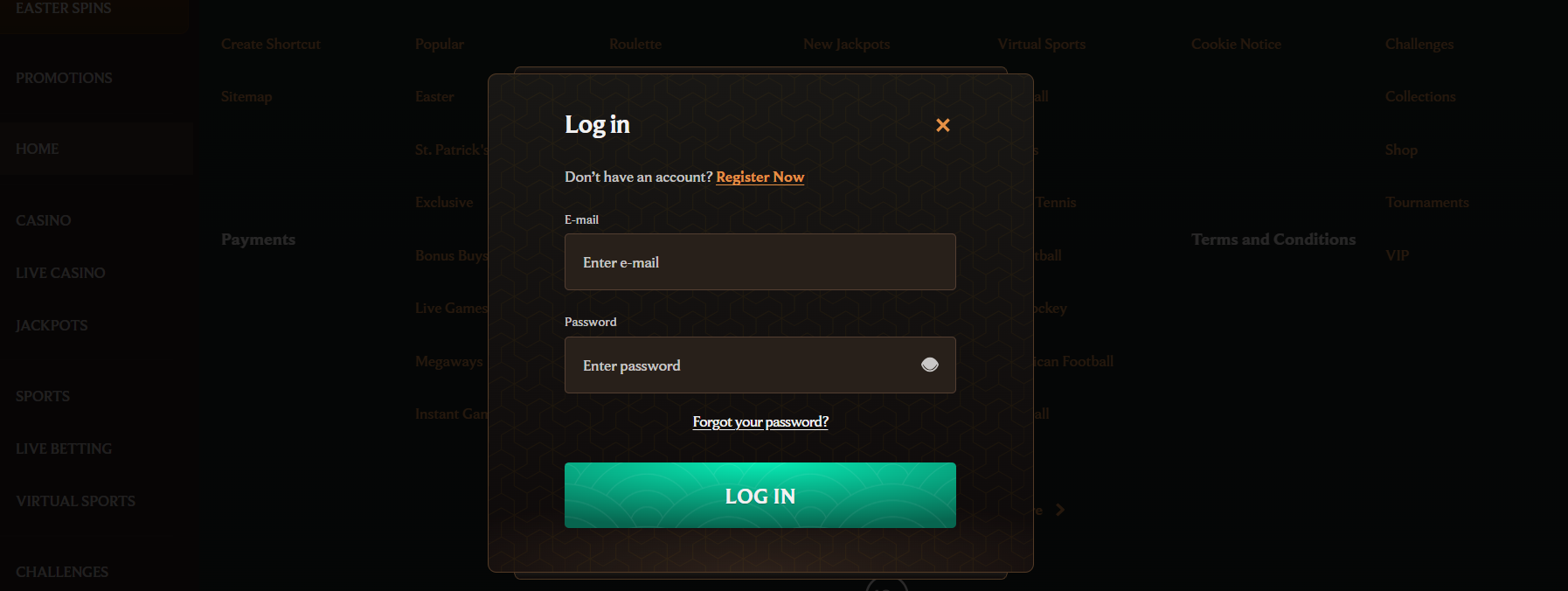 Online casino login popup with secure email and password fields, fast account access, and real money casino registration option.