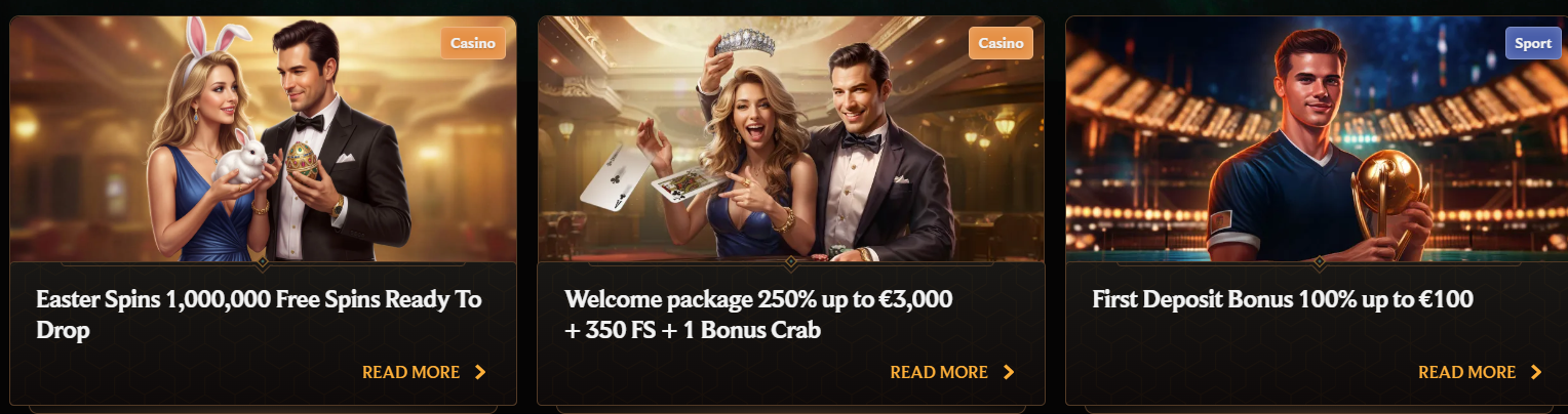 Online casino promotions featuring Easter free spins, a 250% welcome package up to €3,000 with 350 free spins, and a 100% first deposit bonus up to €100.
